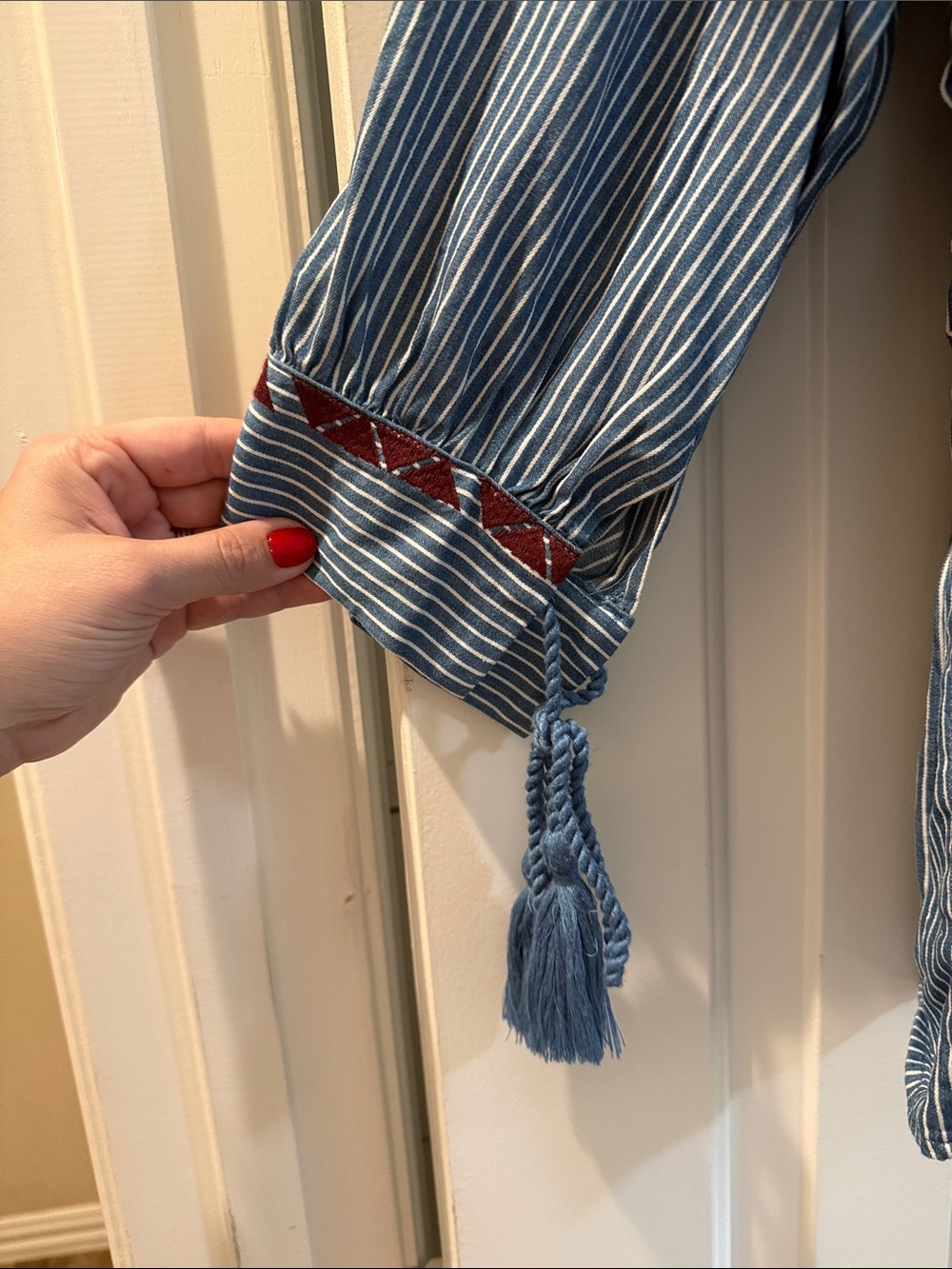 Striped Blue Tunic with Red Floral Embroidery - Picture 4 of 5